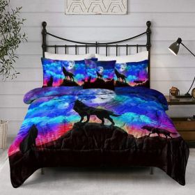 Galaxy Comforter Set Men 3D Wolf Bed Comforter Set 4 Piece Wolves Howling Bedding For Boys Retro Oil Painting Design Purple Blue And Black Beddin (Option: King-Black)