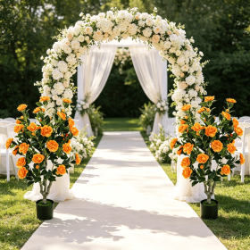 Set of 2 39.5-Inch Artificial Camellia Trees with Orange Blossoms in Cement Pots for Home Decor (Color: Orange& Green & Black)